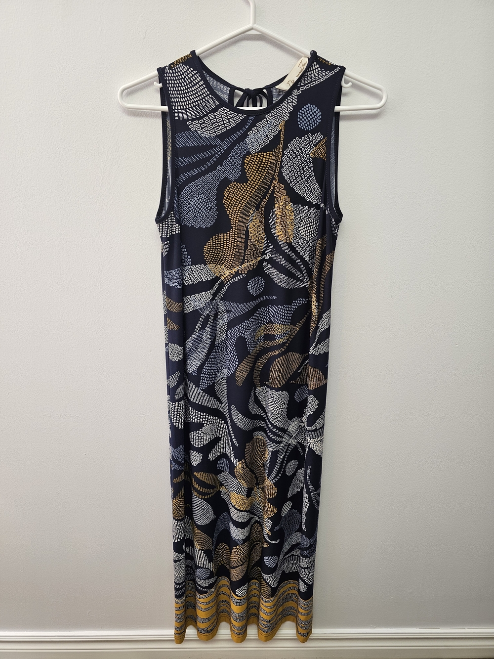 Sleeveless Navy Maxi Dress with Gold and White Abstract Print